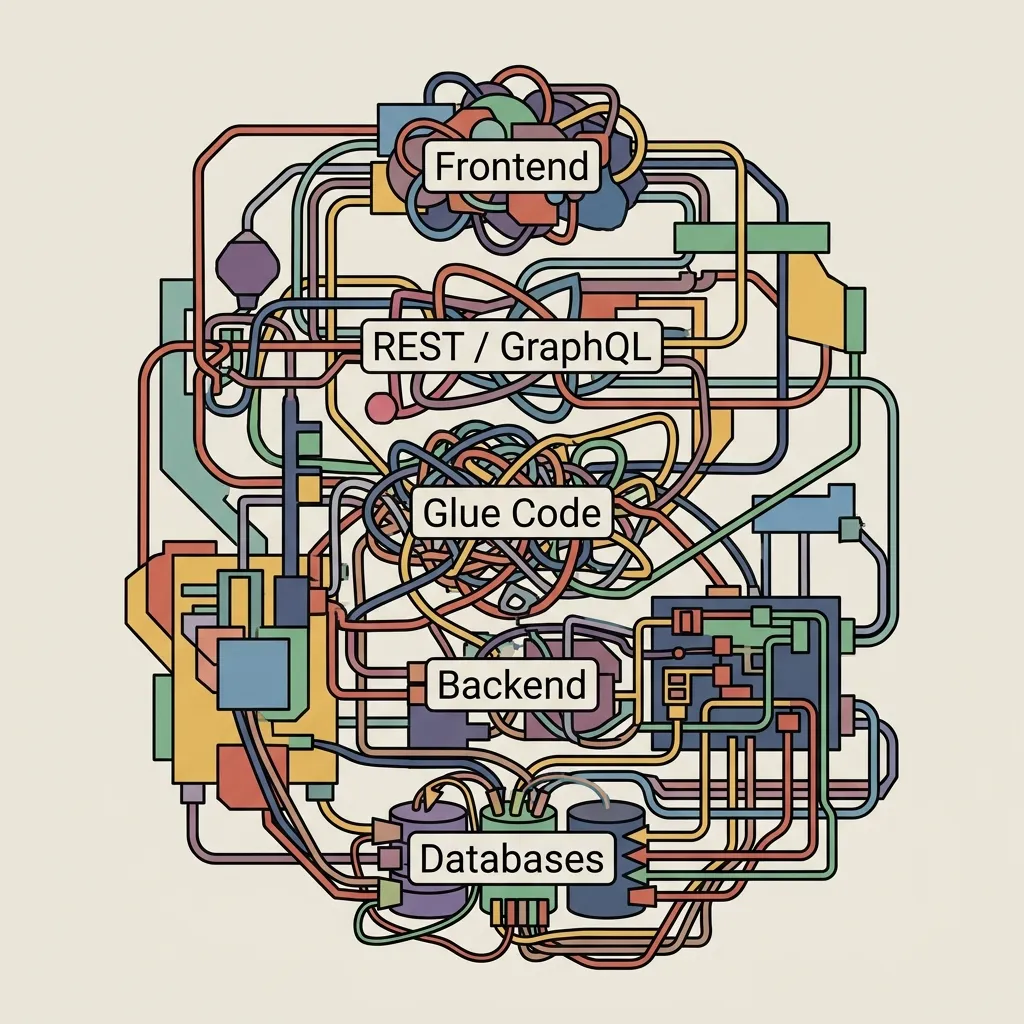 A diagram illustrating the complexity of traditional web development fragmentation.